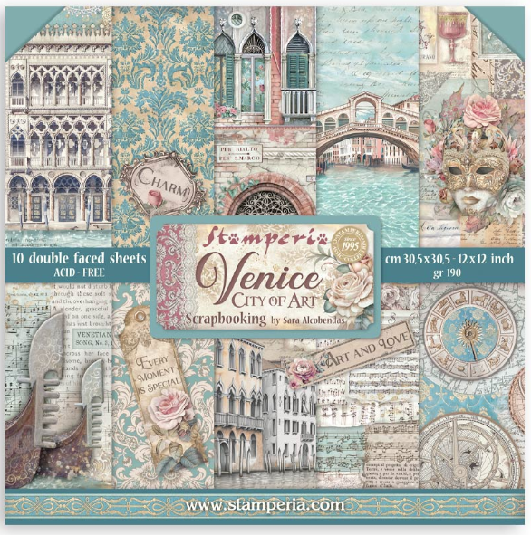 A scrapbooking paper pack titled 'Venice City of Art' by Sara Moderisti, featuring a collage of vintage Venetian illustrations, bridges, masks, script, and ornate patterns in soft teal, beige, pink, and blue tones. The central label indicates 10 double-sided sheets, acid-free, 30.