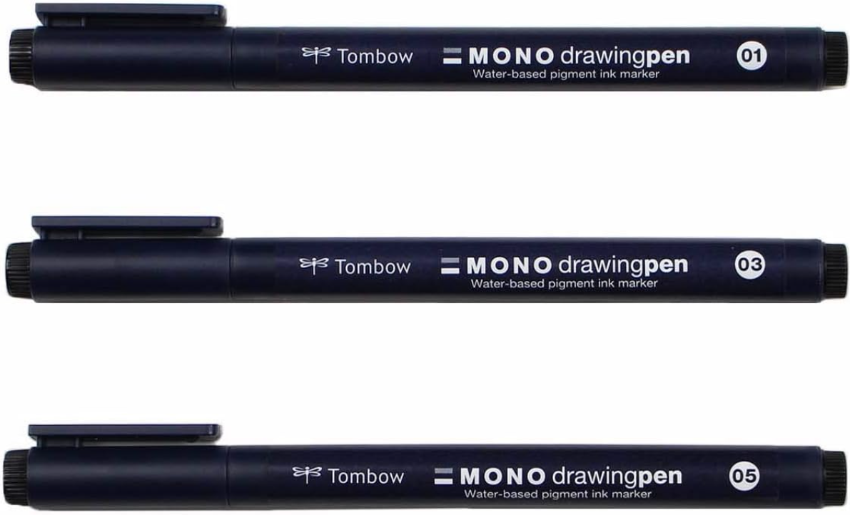 Three Tombow Mono Drawing Pen markers in sizes 01, 03, and 05, shown horizontally against a plain white background.