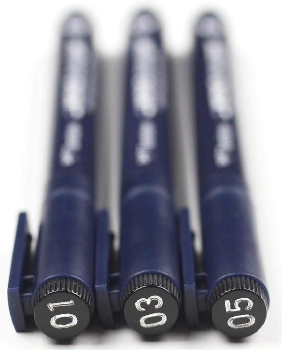 Three dark blue retractable pen-style tools with black end caps numbered 01, 03, and 05, arranged side by side on a white background.