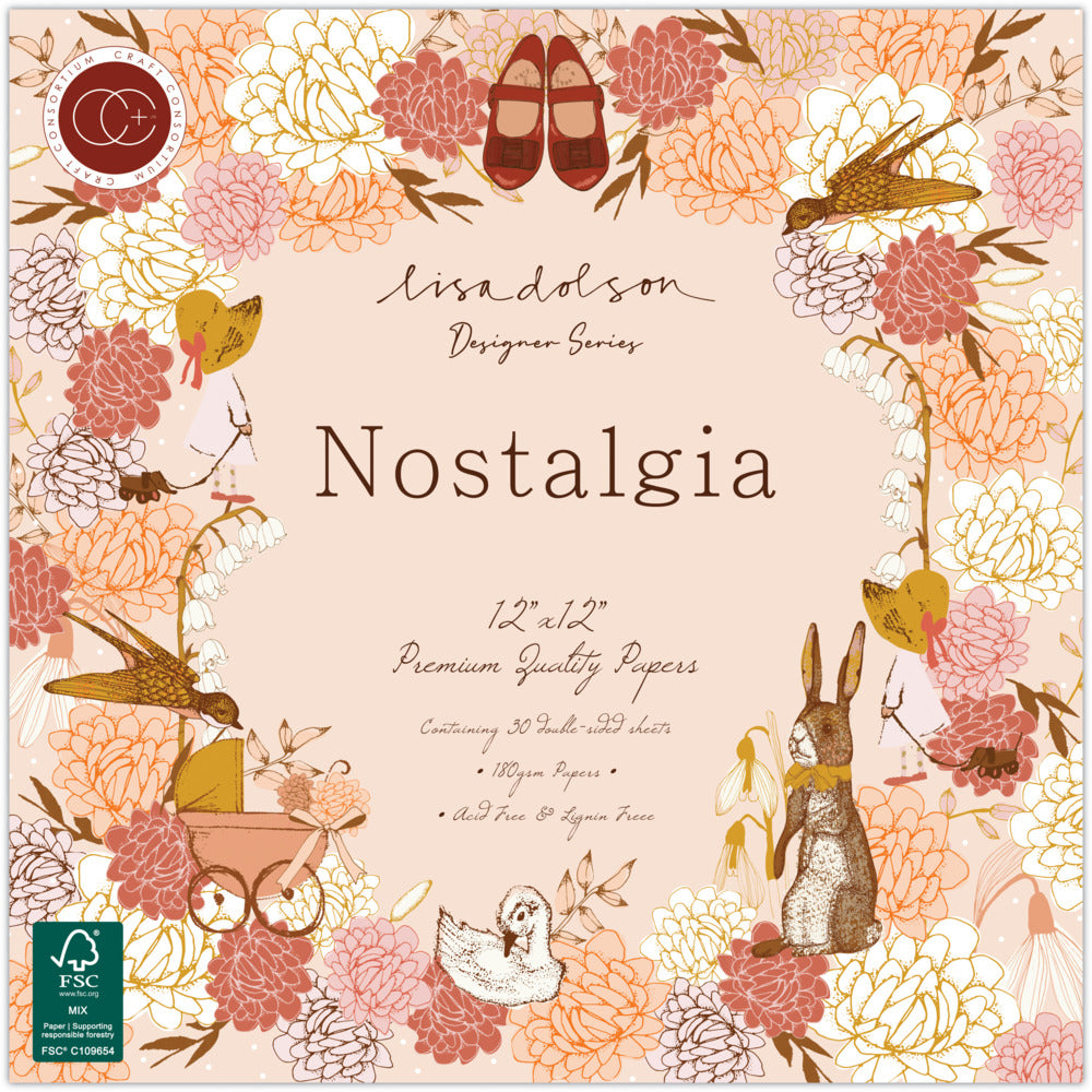 Packaging of 'Nostalgia' paper with floral and animal designs, featuring Lisa Dolson's branding.