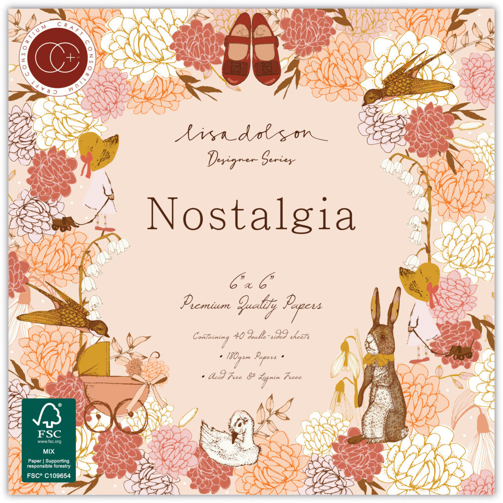 Product packaging for 'Nostalgia' 6x6 paper set with floral and animal designs.