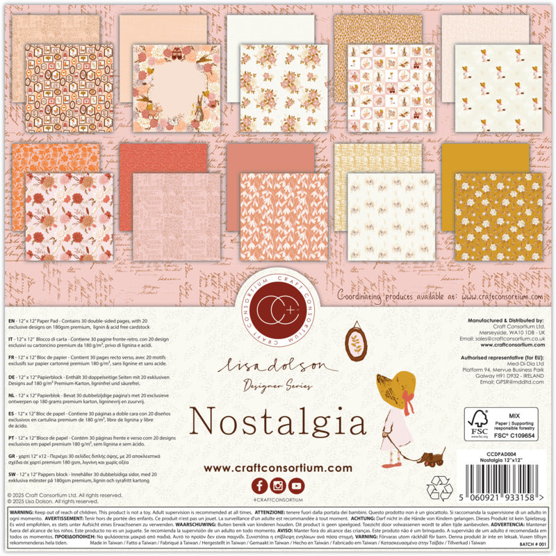 Collection of patterned paper sheets with 'Craft Consortium' branding on a pink background