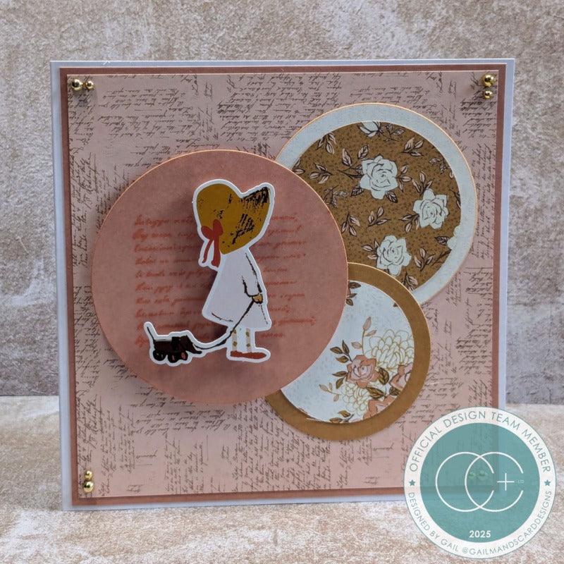 Decorative card with circular designs featuring a child and dog illustration on a textured background.