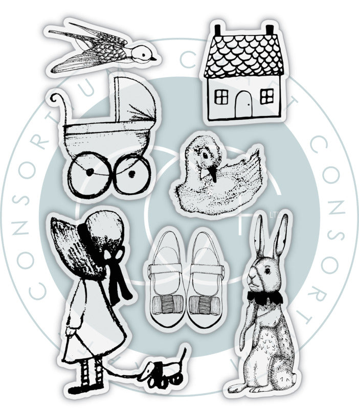 Set of black and white illustrations including a house, bird, pram, duck, girl with dog, and rabbit on a light blue background.