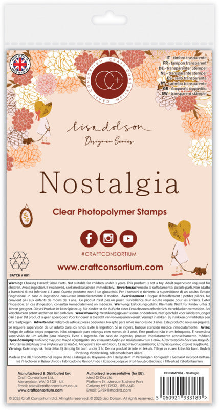 Package of Craft Consortium Nostalgia clear photopolymer stamps with floral design on the front.