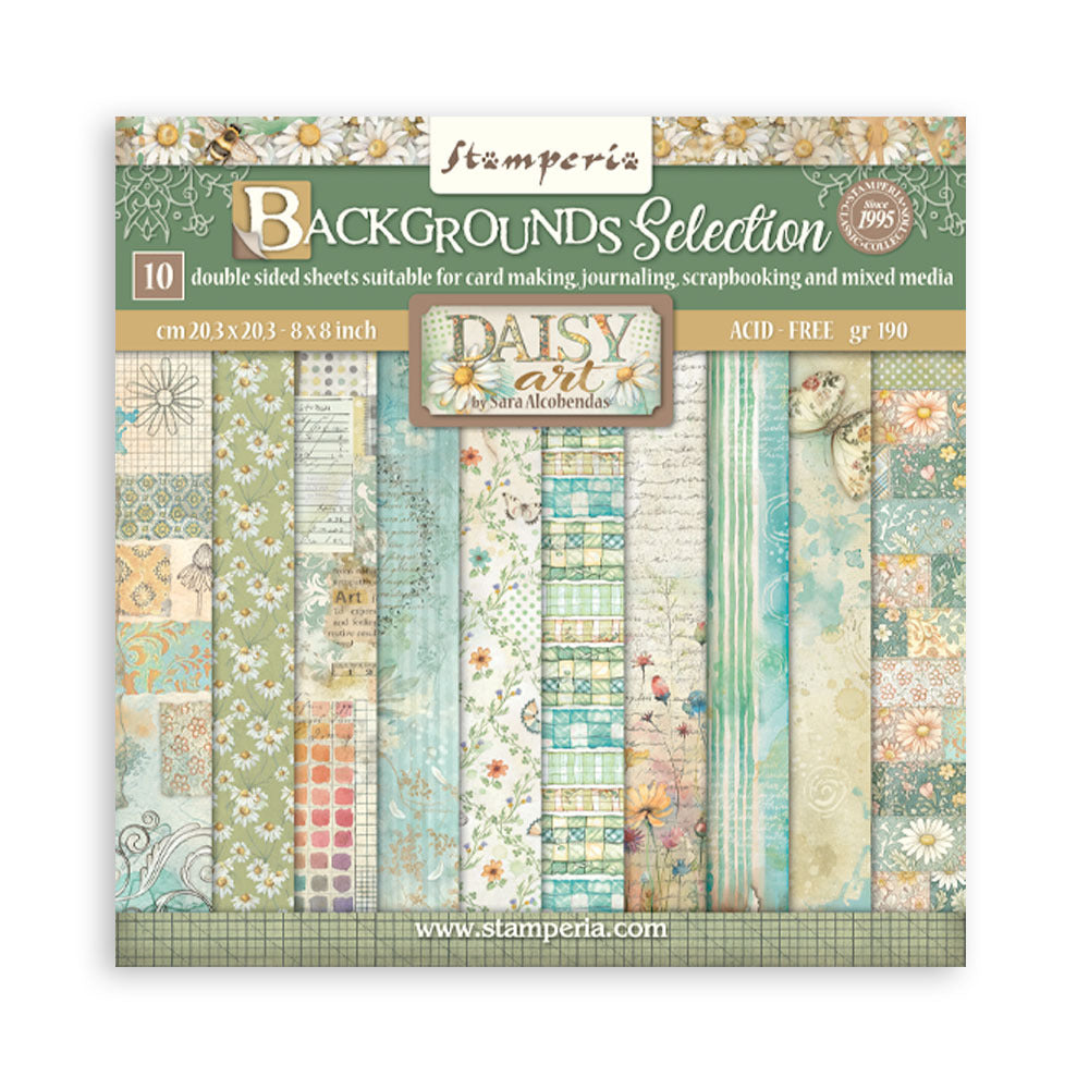 Stamperia maxi backgrounds selection paper pack, featuring 10 double-sided sheets with various vintage floral and patterned designs in soft teal, beige, and green tones.