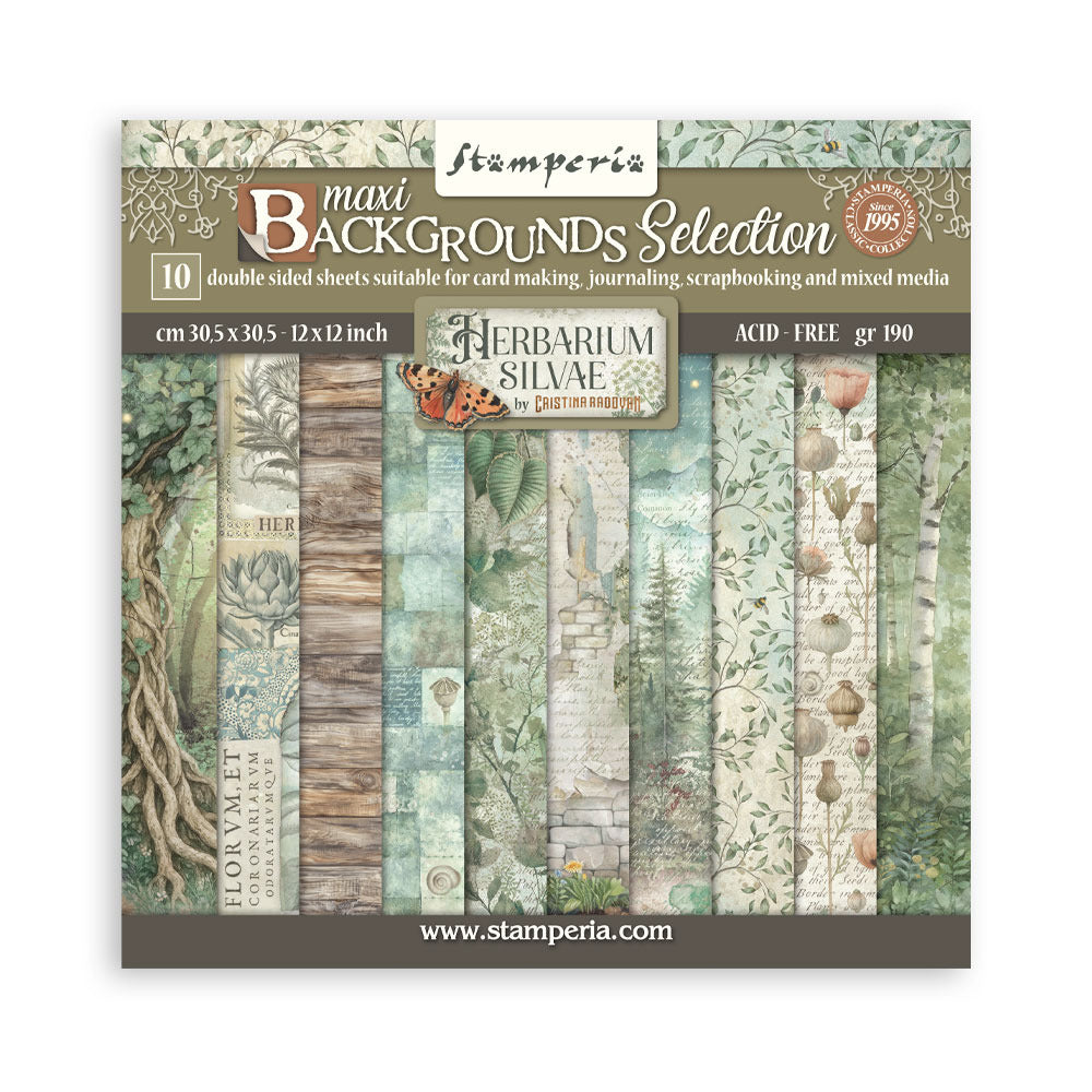 Pack of Stamperia maxi backgrounds with nature-themed designs on a white background