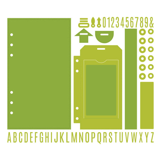 Green planner stickers with various shapes and letters on a white background