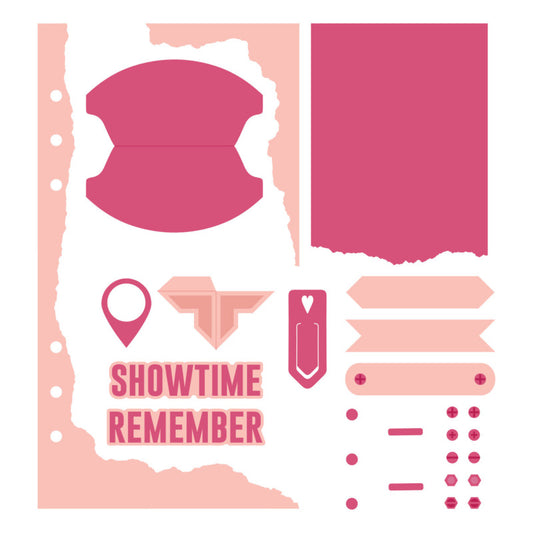 Set of pink and peach scrapbooking elements with 'Showtime Remember' text on a white background