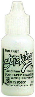 Bottle of Star Dust Stickles by Ranger on a white background A bottle of Stickles Glitter Glue in a fine point applicator tip, labeled 'acid free' and 'for paper crafting', with a white and purple color scheme.