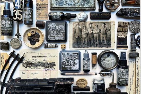 Image of various antique items mixed in with Tim Holtz Products