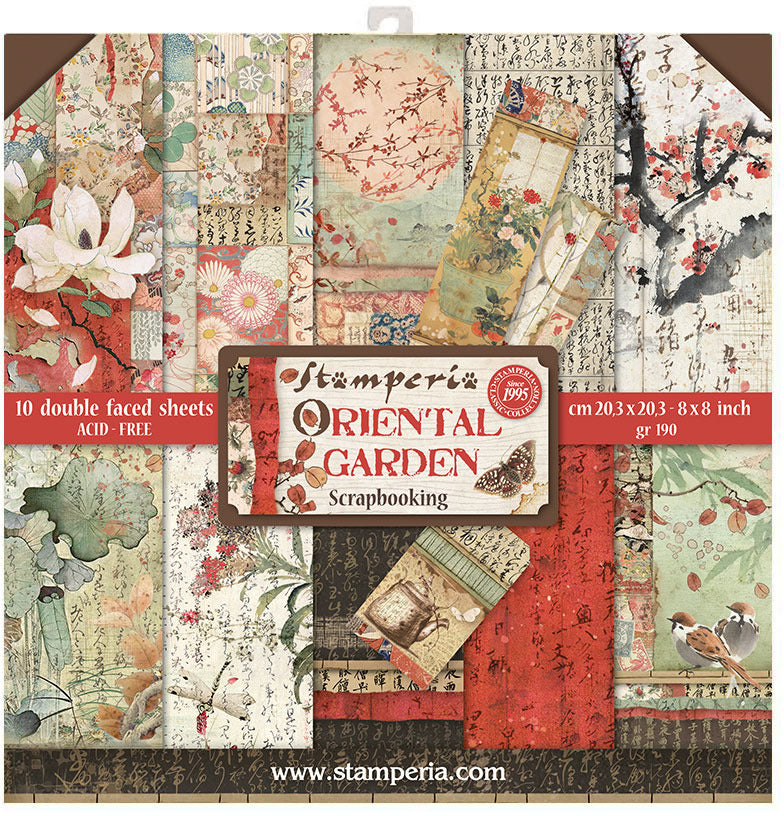 A collection of 10 double faced sheets from Stamperia's Oriental Garden, showcasing various patterns including floral and geometric designs, predominantly in red, gold, and green shades.