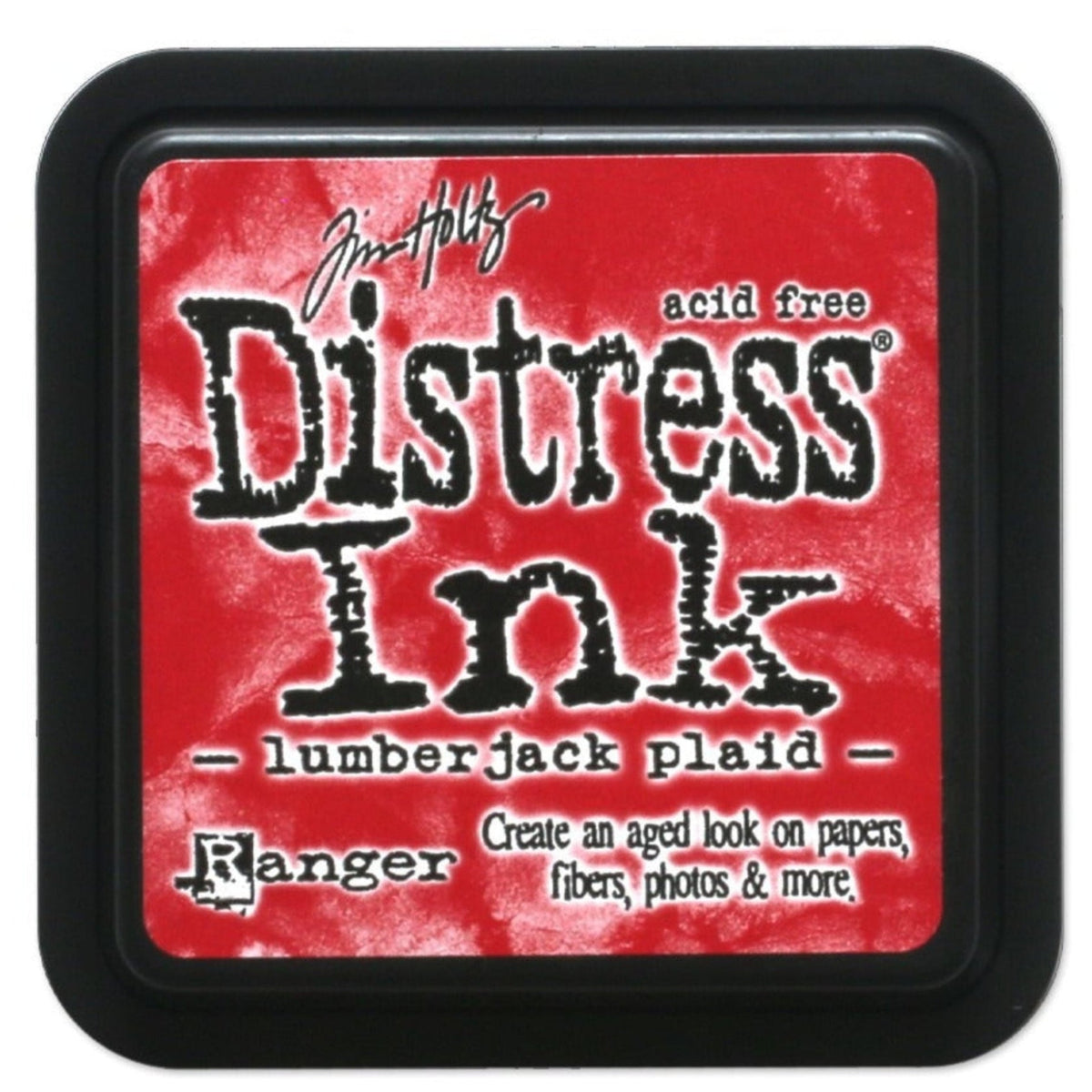 A square Tim Holtz Distress Ink pad in the color 'lumberjack plaid' with a red and white distressed pattern, housed in a black plastic casing.