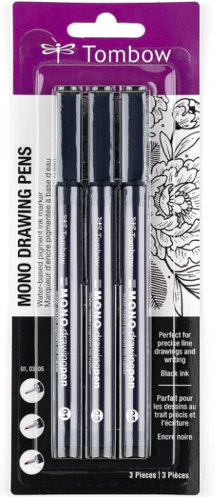 Tombow Mono Drawing Pens package containing three black ink fine-tip pens in a clear blister pack with a purple and black backing card.