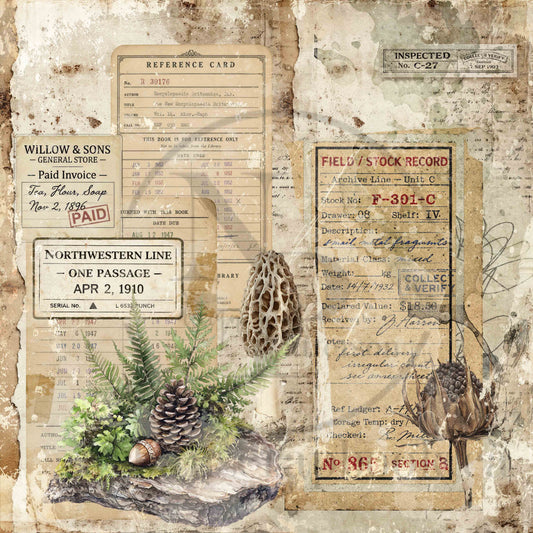 Vintage-style collage artwork with aged paper textures, handwritten and printed document panels, pinecones, evergreen branches, and dried botanical elements arranged together.