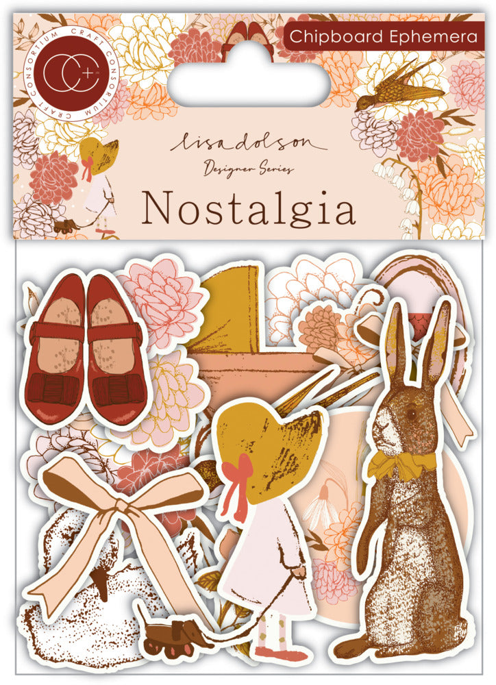 Packaged heavyweight cardstock ephemera with vintage-themed paper pieces featuring a rabbit, shoes, and flowers.