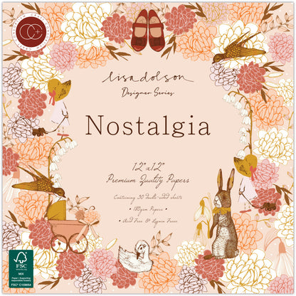 Packaging of 'Nostalgia' paper with floral and animal designs, featuring Lisa Dolson's branding.