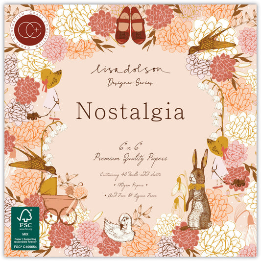 Product packaging for 'Nostalgia' 6x6 paper set with floral and animal designs.