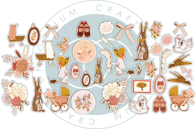 Collection of vintage-style illustrations including bunnies, flowers, and children on a circular design.