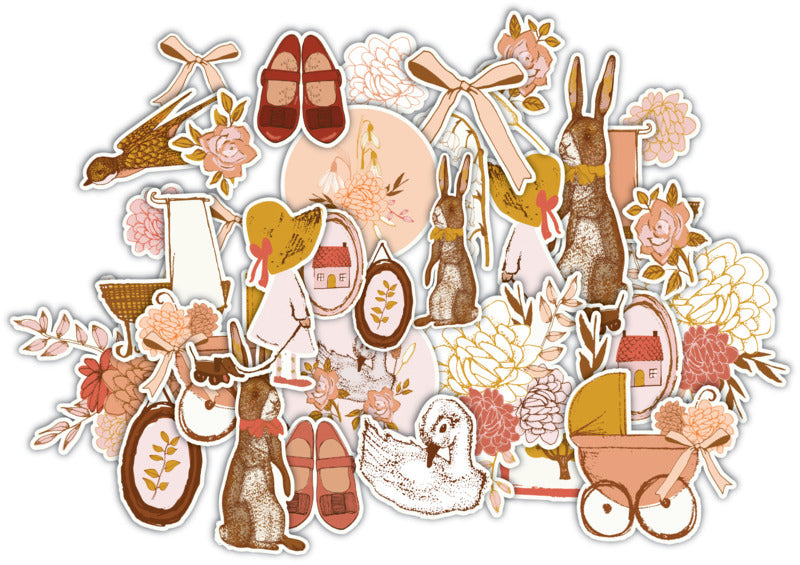 Collection of decorative stickers with vintage-style illustrations on a white background