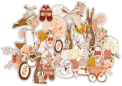 Collection of decorative stickers with vintage-style illustrations on a white background