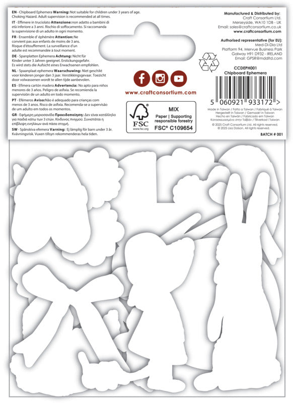 reverse side of ephemera package shows  white cutout shapes resembling people and animals on a white background with branding and product information.