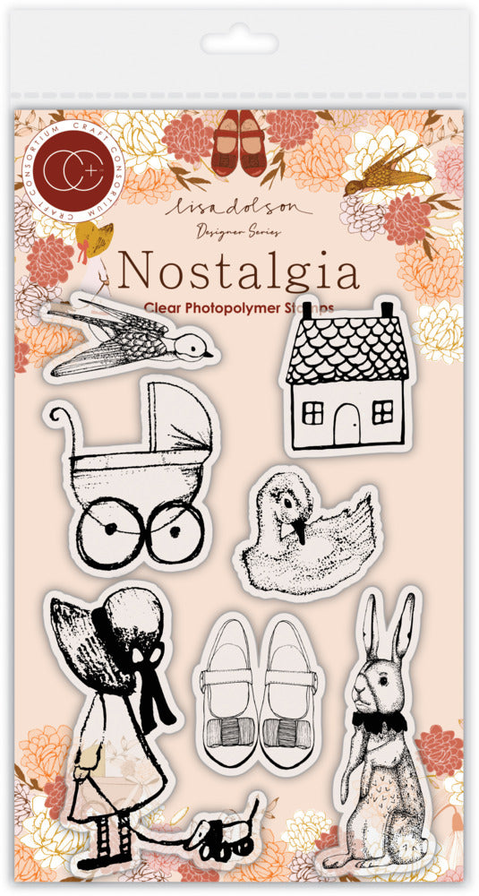 Set of clear photopolymer stamps with vintage-themed illustrations on a decorative card.