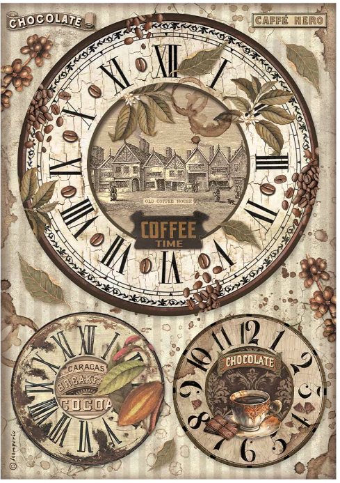 A vintage-style decorative wall art print featuring three overlapping round clock faces with Roman numerals, coffee beans, leaves, and illustrations of coffee houses and a cup of chocolate. Text includes 'CHOCOLATE', 'CAFFE NERO', and 'COFFEE TIME'.