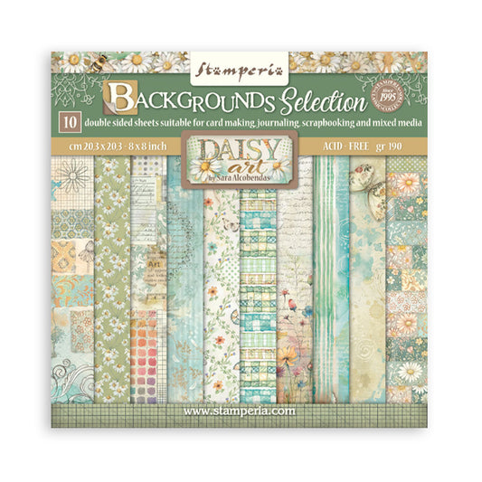 Stamperia maxi backgrounds selection paper pack, featuring 10 double-sided sheets with various vintage floral and patterned designs in soft teal, beige, and green tones.