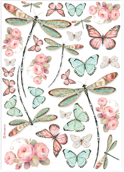 A sheet of vintage-style butterfly and dragonfly wall decals or stickers decorated with pink roses, featuring pastel green, pink, and white insects on a white background.