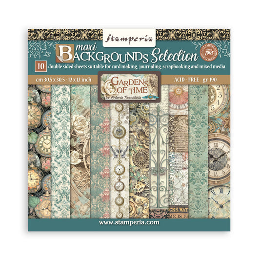 Stamperia Gardens of Time paper pack with decorative patterns on a white background
