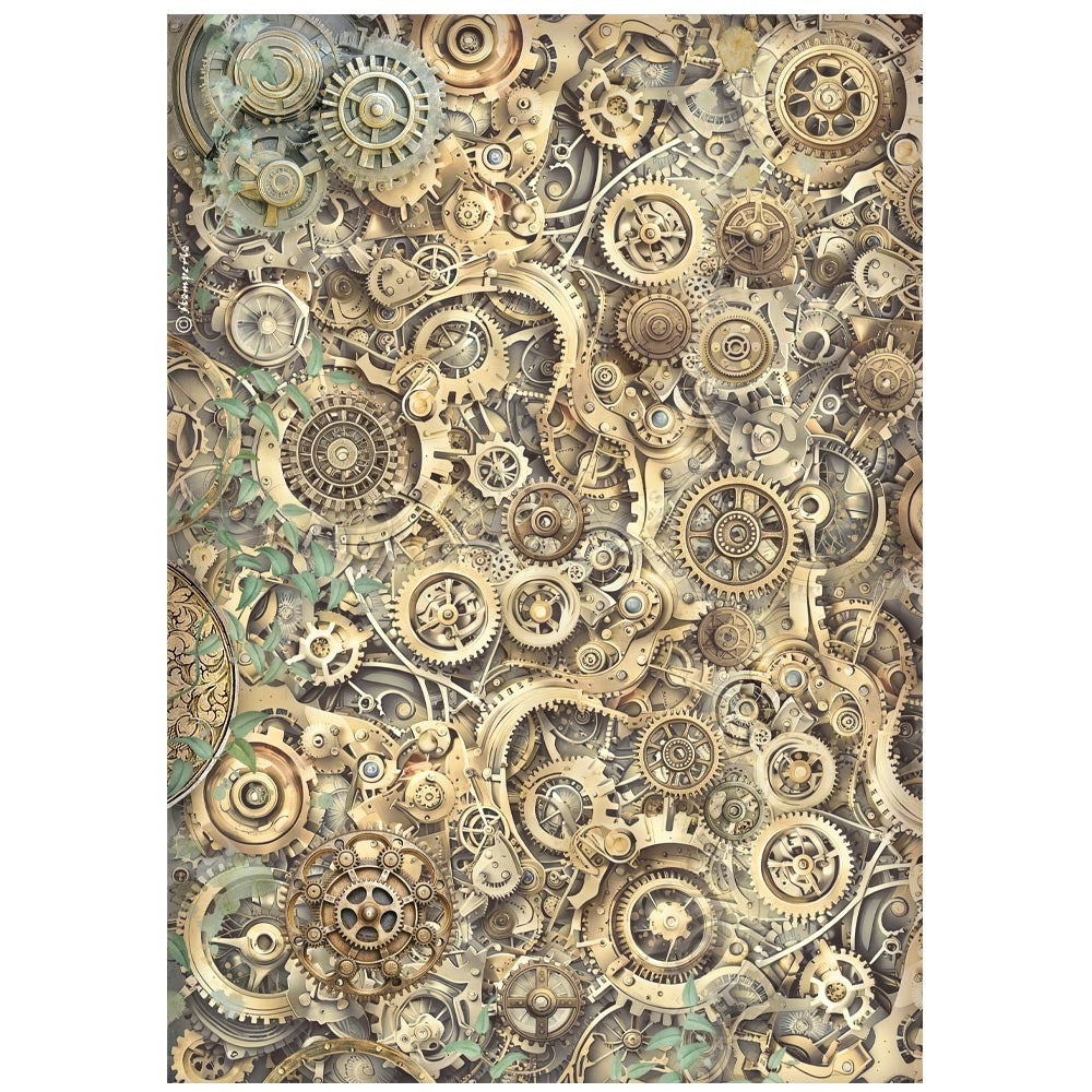 Pattern of gears and mechanical components on a white background