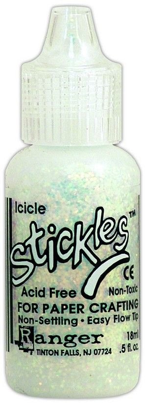 Bottle of Icicle Stickles glittery adhesive with a white cap on a white background
