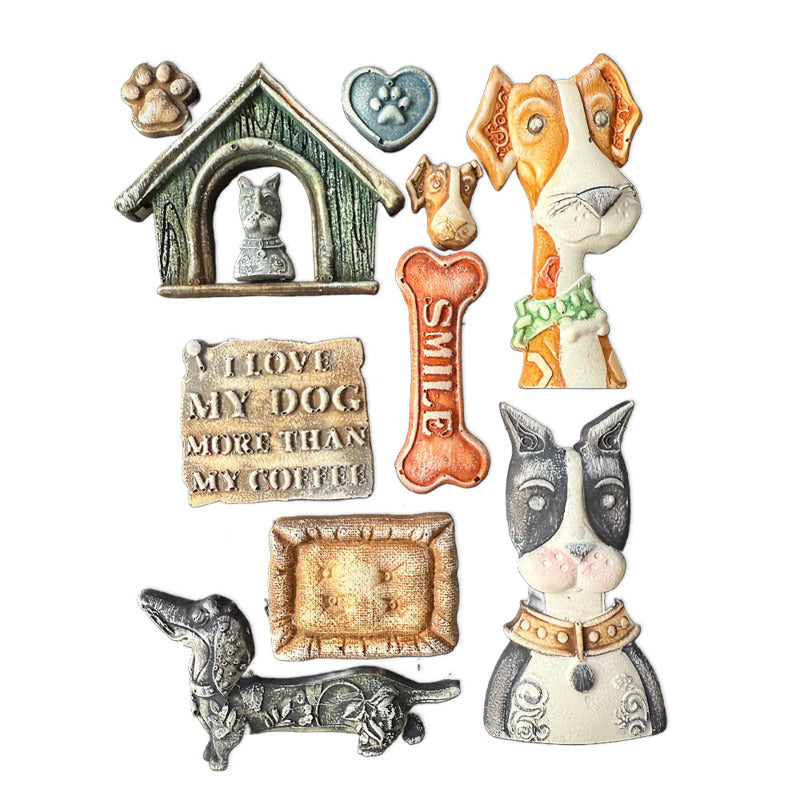 Collection of dog-themed ceramic figurines on a white background