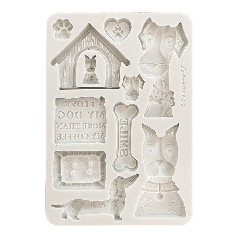 Silicone mold with dog-themed shapes on a white background