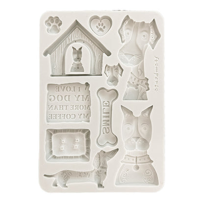 Silicone mold with dog-themed shapes on a white background