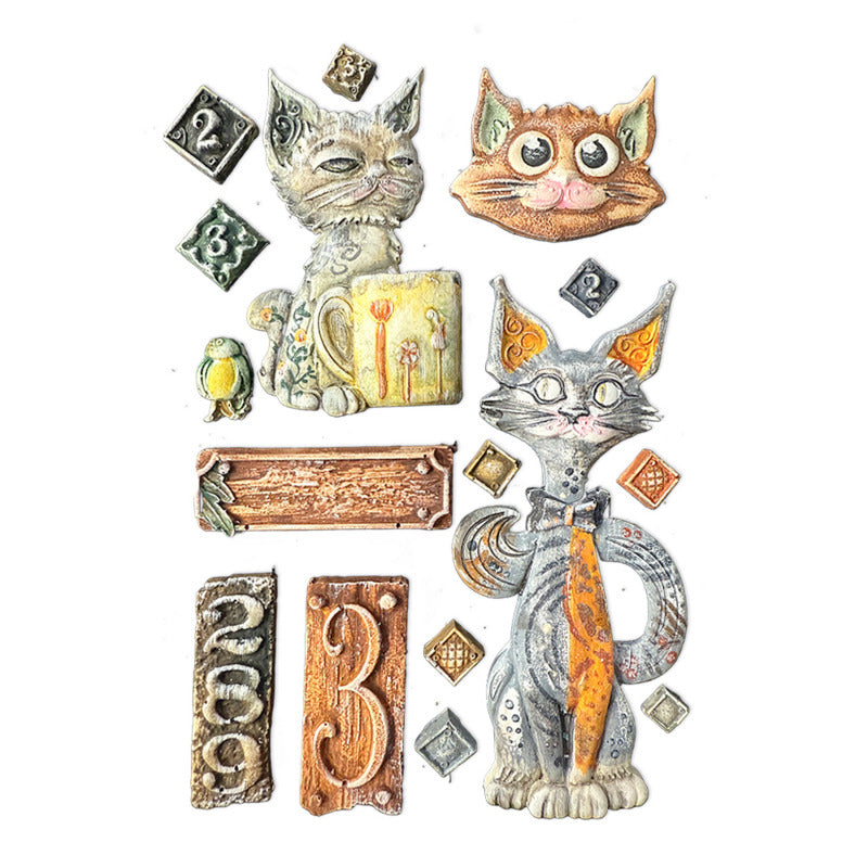 Decorative elements with cats, numbers, and signs on a white background