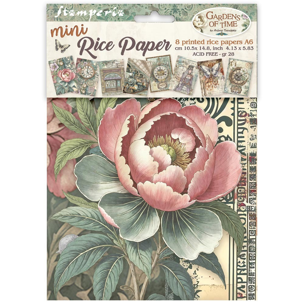 A package of Stamperia Gardens of Time mini Rice Paper A6, featuring a vintage-style botanical design with a large pink peony flower and ornate patterns on the rice paper sheets.