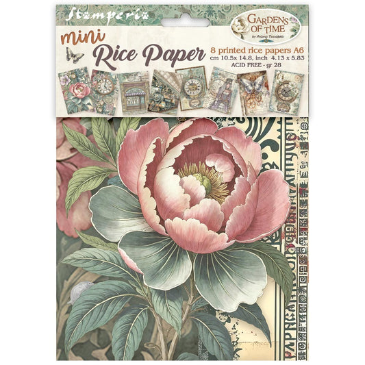 A package of Stamperia Gardens of Time mini Rice Paper A6, featuring a vintage-style botanical design with a large pink peony flower and ornate patterns on the rice paper sheets.