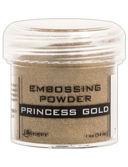 Jar of embossing powder labeled 'Princess Gold' on a white background
