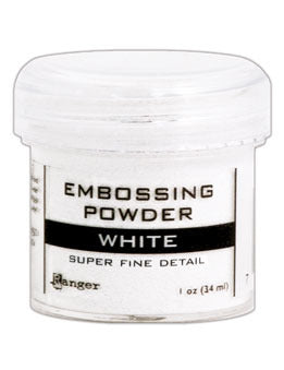 Jar of fine white embossing powder by Ranger on a white background