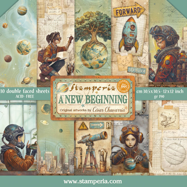 Stamperia 'A New Beginning' art paper set with illustrations on a white background