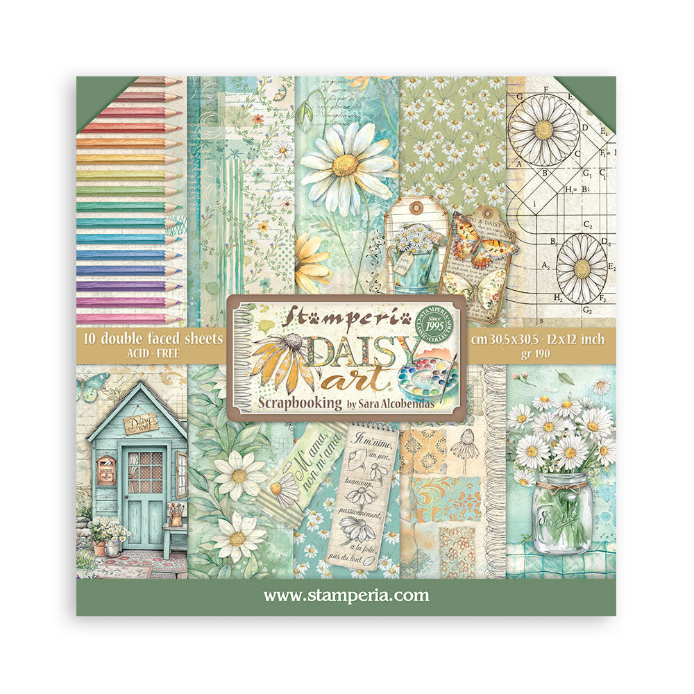 A square scrapbooking paper pack cover for Stamperia Daisy Art, featuring a collage of vintage-style floral and cottage-themed paper designs in soft green, cream, blue, and pastel tones. The center label reads 'Stamperia Daisy Art Scrapbooking by Sara Mennicke' with '10 double faced sheets' and 'Acid Free' noted on the left.
