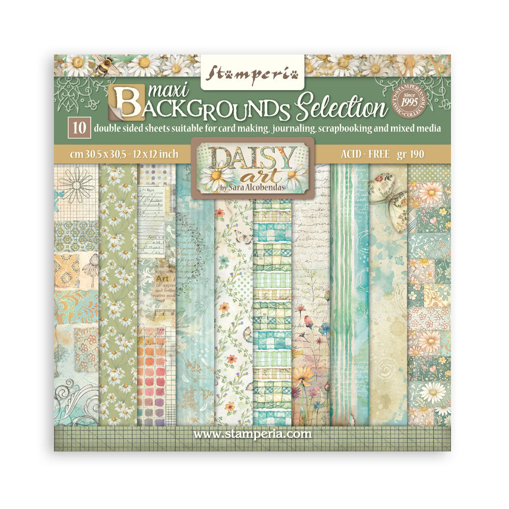 Stamperia maxi backgrounds selection paper pack, featuring 10 double-sided sheets with various vintage floral and patterned designs in soft teal, beige, and green tones.