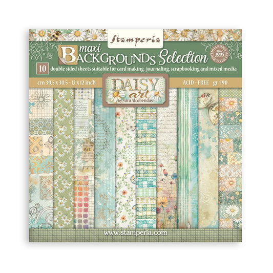 Stamperia maxi backgrounds selection paper pack, featuring 10 double-sided sheets with various vintage floral and patterned designs in soft teal, beige, and green tones.