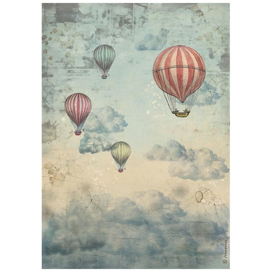 Vintage-style illustration of hot air balloons in the sky with clouds.