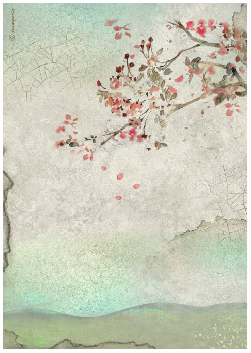 Watercolor-style art print featuring cherry blossom branches with pink and red flowers over a textured off-white background, with soft green hills and a pale aqua sky.