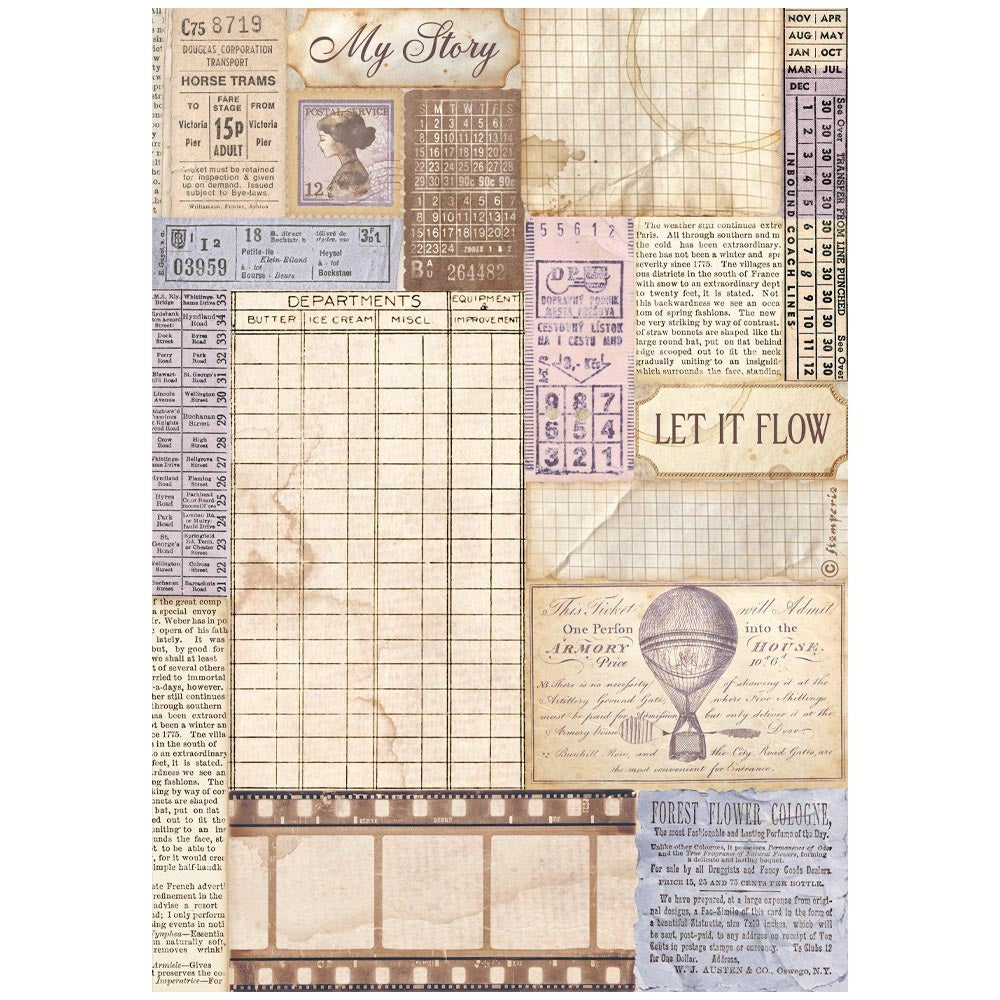 A vintage-style scrapbook paper sheet featuring a collage of aged paper elements, including ticket stubs, handwritten notes, maps, and labels in muted beige, purple, and brown tones.