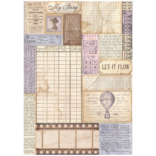 A vintage-style scrapbook paper sheet featuring a collage of aged paper elements, including ticket stubs, handwritten notes, maps, and labels in muted beige, purple, and brown tones.