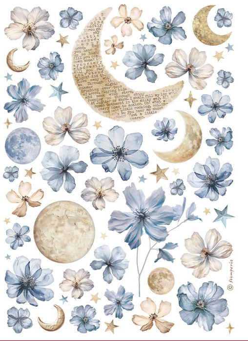 Watercolor-style floral and celestial print featuring blue and cream flowers, gold crescent moons, full moons, stars, and a vintage parchment moon with text on a white background.